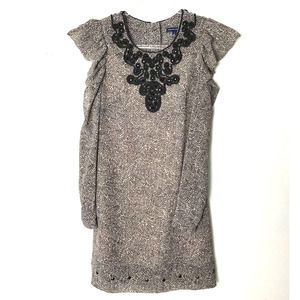 French Connection Womens Beige Black Print Beaded Puff Sleeve Shift Mini Dress 0